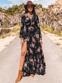 Floral V-Neck Split Long Sleeve Casual Maxi Dress