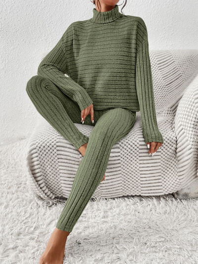 Womens Ribbed Turtleneck Top and Pants Set Loungewear Casual Fashion Sets