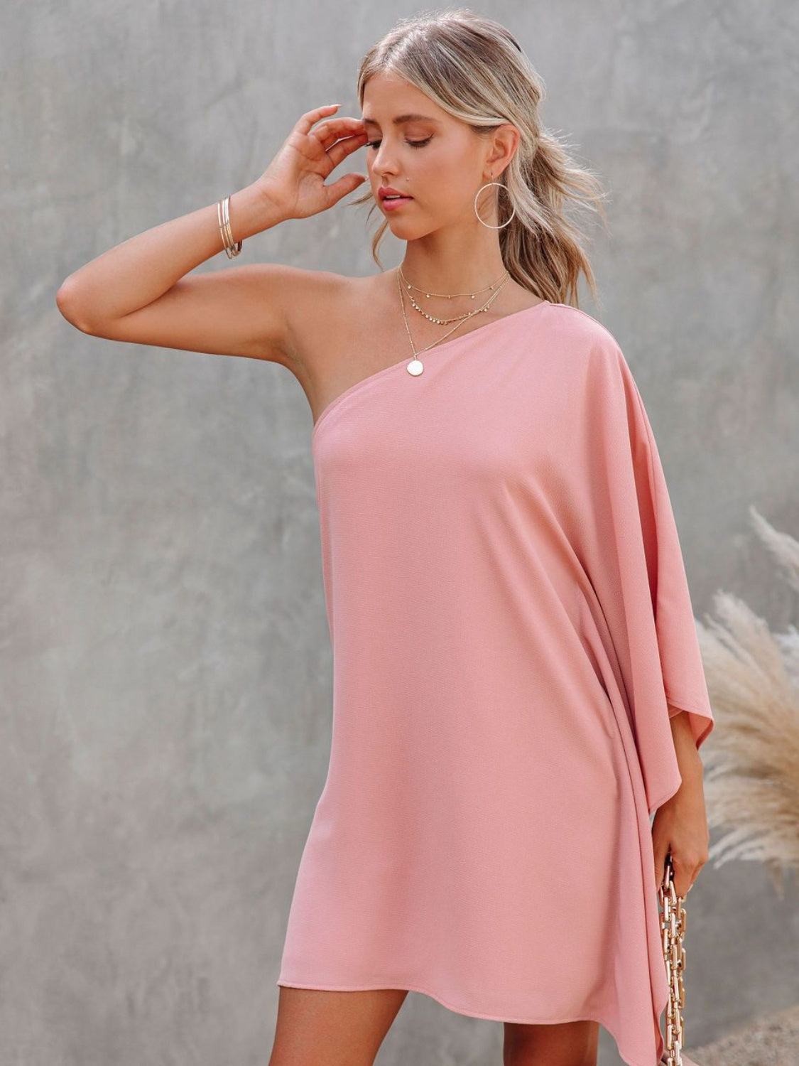 Women's off The Shoulder Satin Short Dress Ladies Single Shoulder Kimono Sleeve Mini Dress