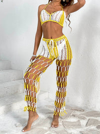 Crochet Two Piece Outfit Set Swimsuit Cover Up Cutout Halter Neck Crop Top and Pants Two-Piece Swim Set