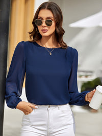 Solid Color Long Sleeve Shirt Women's Fashion Top Round Neck Balloon Sleeve Blouse