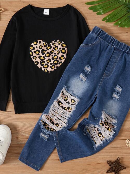 Leopard Heart Graphic Top and Pants Set Girls Fashion Kids Clothing Matching Outfit Set