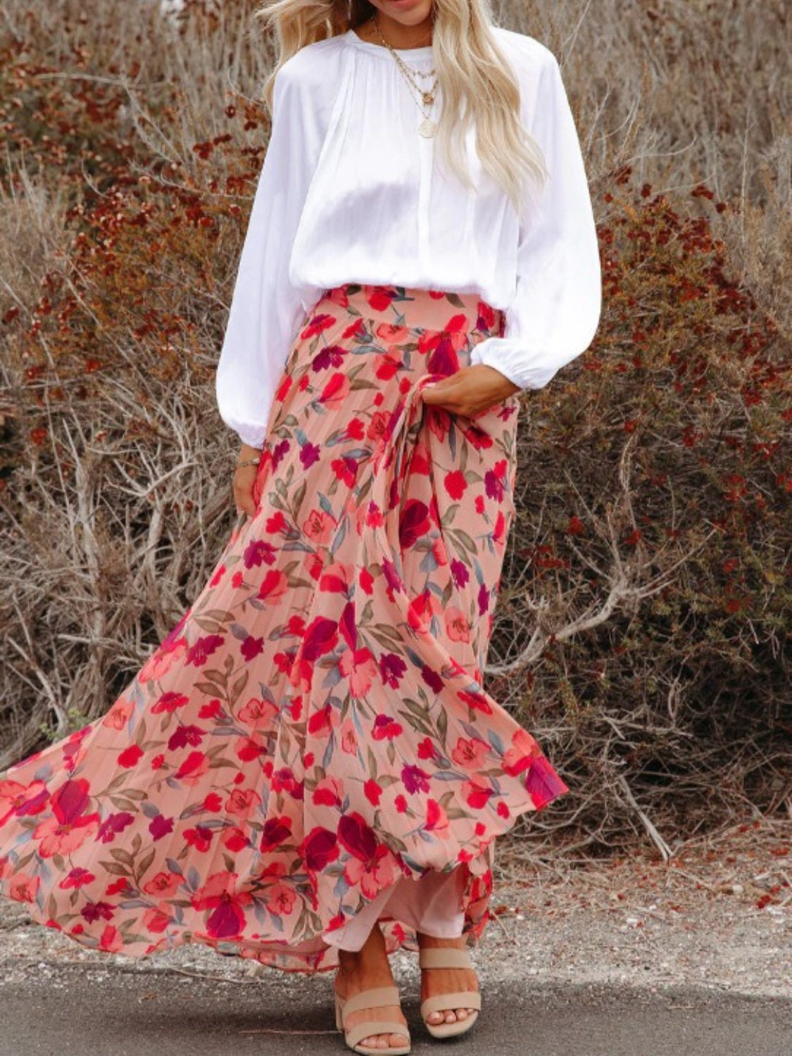 Floral Printed Elastic Waist Pleated Maxi Skirt