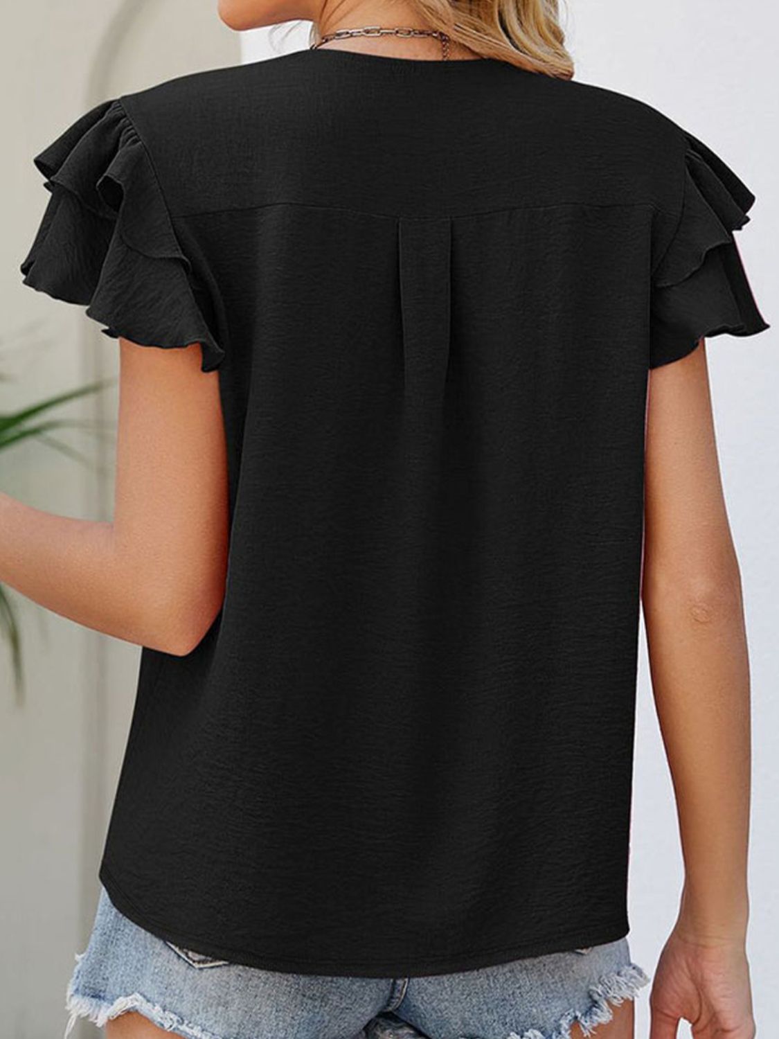 Black Short sleeve shirt women's fashion Ruffled V-Neck Cap Sleeve Blouse