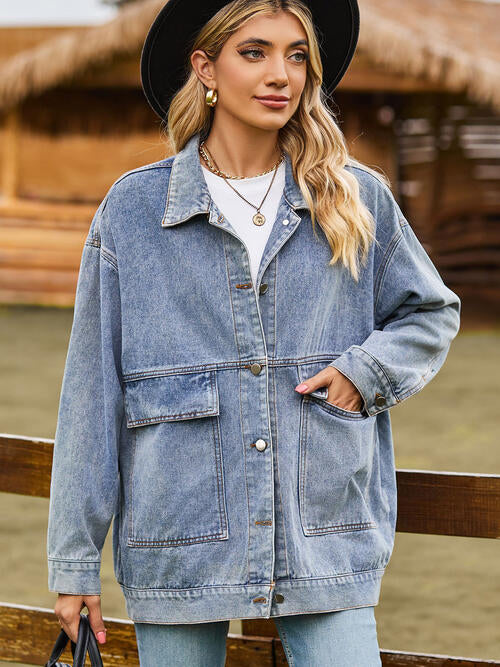 Collared Neck Button Up Denim Jacket - Shacket