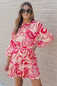 Pink Paisley Waist Tie Printed Round Neck Long Sleeve Frill Trim Short Dress