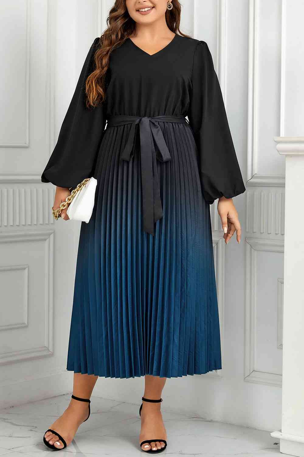 Womens Plus Size Dress Black and Blue  V-Neck Long Sleeve Pleated Tie Waist Midi Dress