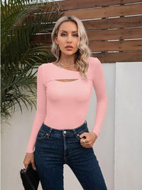 Solid Color Long Sleeve Cotton T-Shirt Women's Fashion Asymmetrical Neck Cutout Slim Fit Casual Top