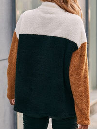 Color Block Quarter Zip Dropped Shoulder Fuzzy Warm Womens Sweater Sweatshirt