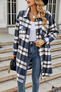 Plaid Button Up Collared Neck Coat Jacket Long Sleeve Button Down Shirt with Pockets