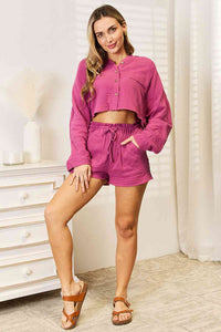 100% Cotton Womens Fashion Buttoned Long Sleeve Top and Shorts Outfit Set