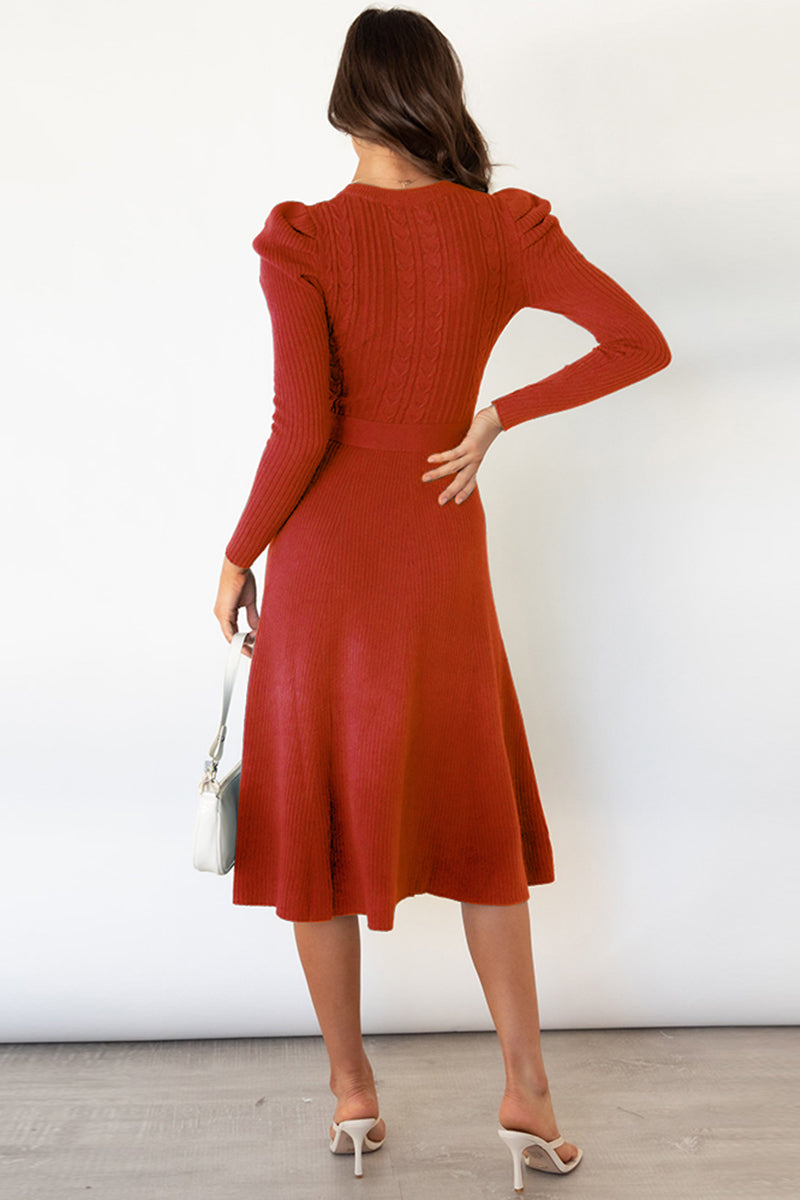 Round Neck Long Sleeve Tie Waist Sweater Dress