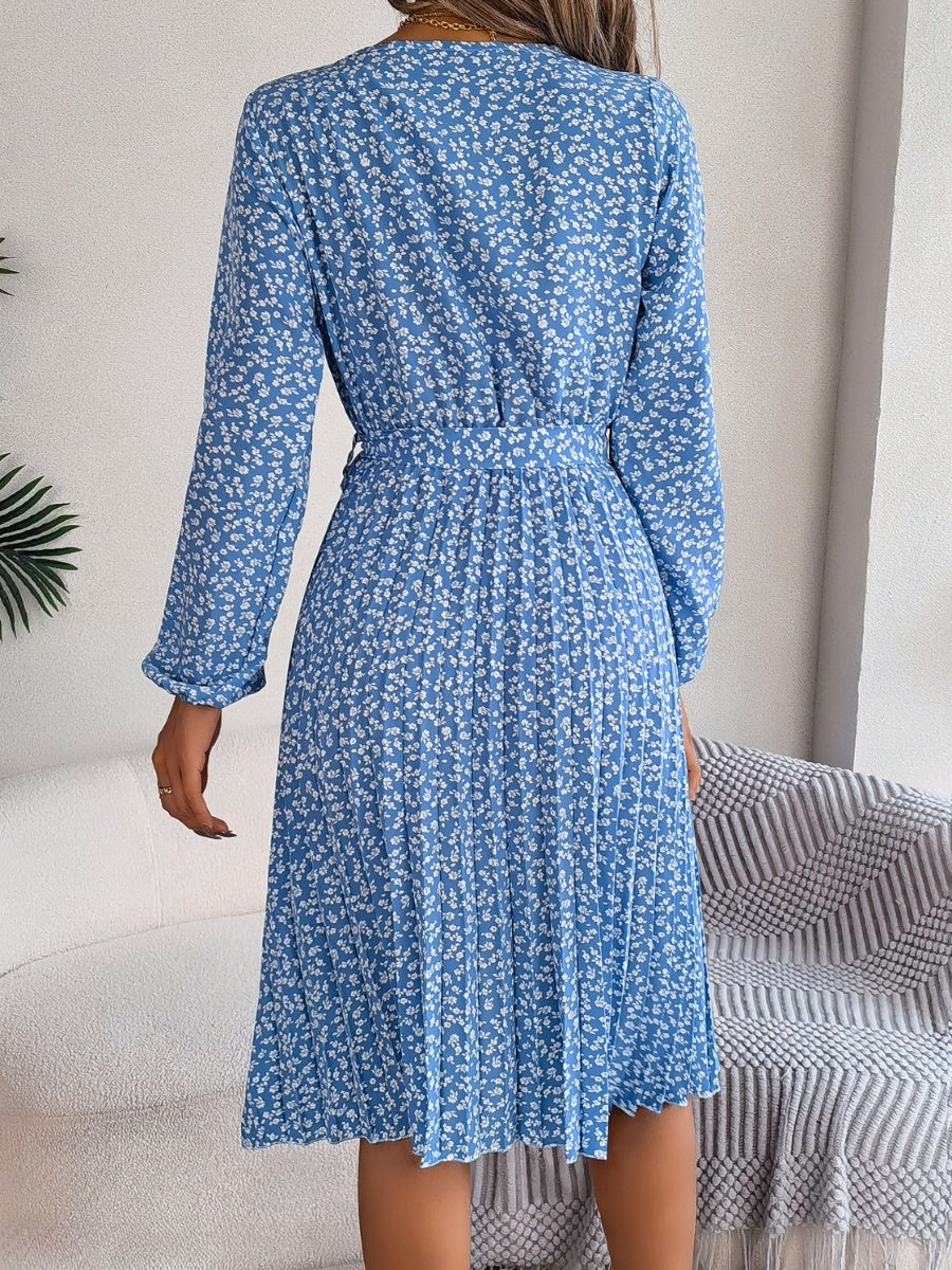 Ditsy Floral Tie Waist Pleated Long Sleeve Dress Women's Casual Wear and Workwear Fashion