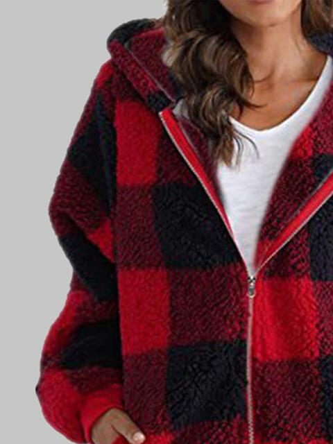 Checkered Plaid Zip-Up Hooded Jacket with Pockets