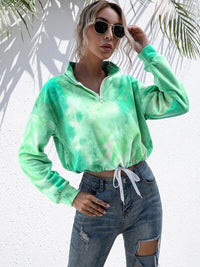 Women's Tie-Dye Sweater Cropped Quarter Zip Dropped Shoulder Fashion Sweatshirt