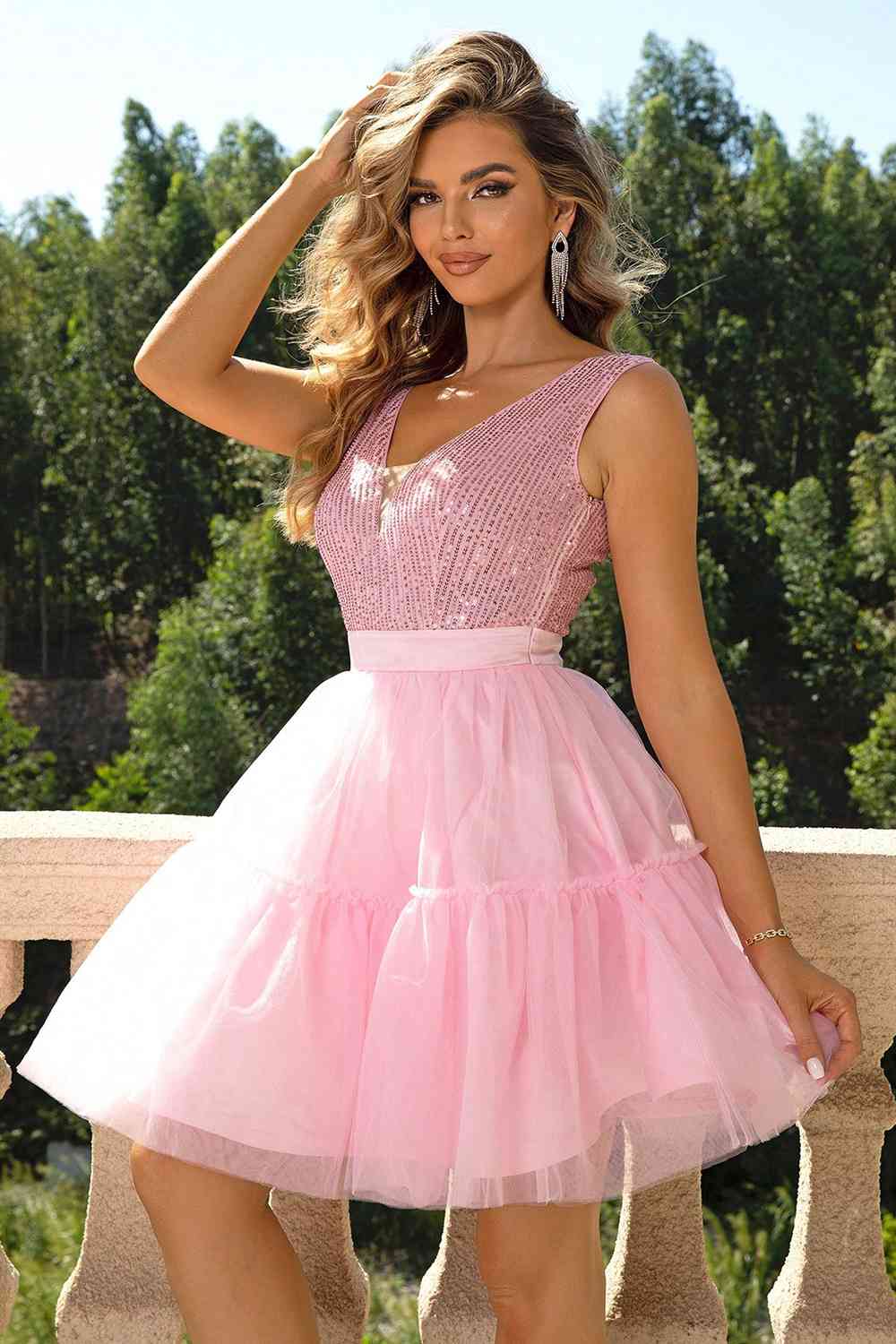 Pink Sequin Sleeveless Mesh Party Formal Evening Dress