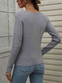 Long Sleeve Shirt Women's V-Neck Ribbed Knit Top