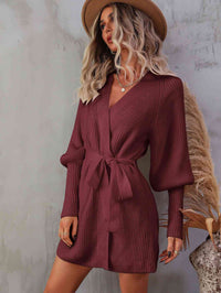 Women's Fashion Long Open Sweater Belted Surplice Lantern Sleeve Wrap Sweater Dress