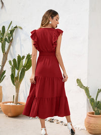 Cinch Waist Tiered Ruffled V-Neck Short Sleeve Maxi Dress New Women's Fashion casual day dresses