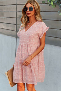 Printed V-Neck Short Sleeve Tiered Casual Dress