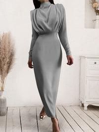 Womens Mock Neck Ruched Turtleneck Long Sleeve Midi Dress