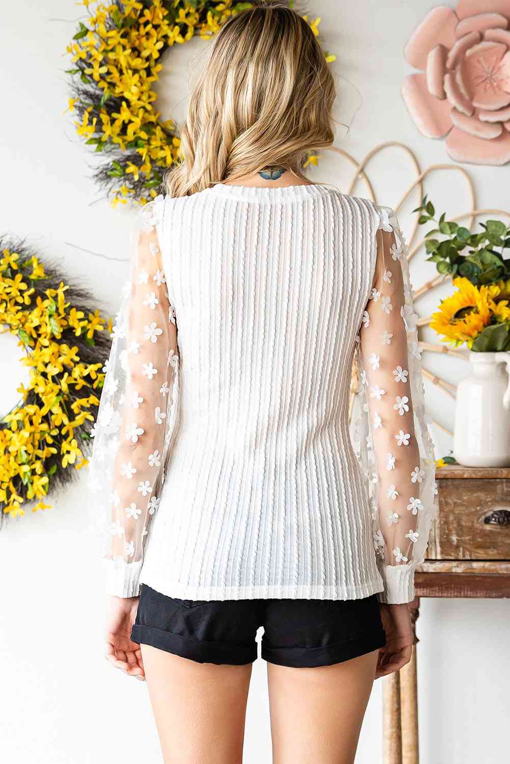 Womens Flower Sheer Top Double Take Textured Applique Long Sleeve Blouse