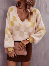 Checkered Sweater  V-Neck Lantern Sleeve Womens Fashion