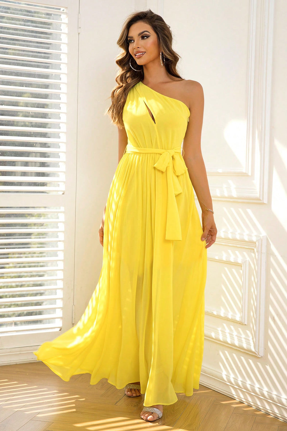 Womens Fashion Cutout One-Shoulder Tie Waist Yellow Maxi  Dress