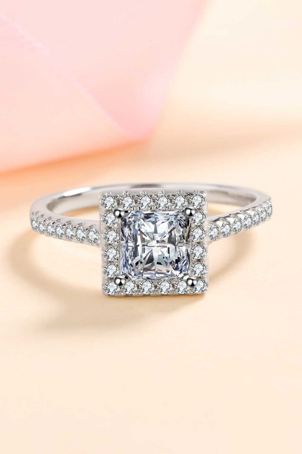 Moissanite Silver Ring, Sterling Silver Square Cushion Cut Halo Cocktail Ring