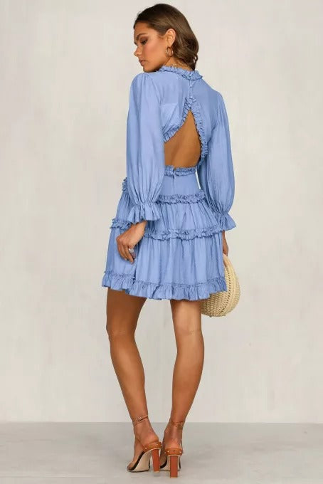 Ruffle Long Sleeve Mini Dress Detailing Open Back Cutout Short Casual Party Dresses