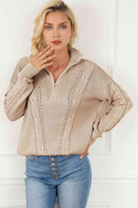 Cable-Knit Half Zip Long Sleeve Sweater