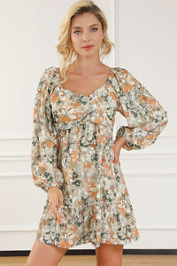 Printed Balloon Sleeve Ruffle Hem Mini Dress, Long Sleeve Dress