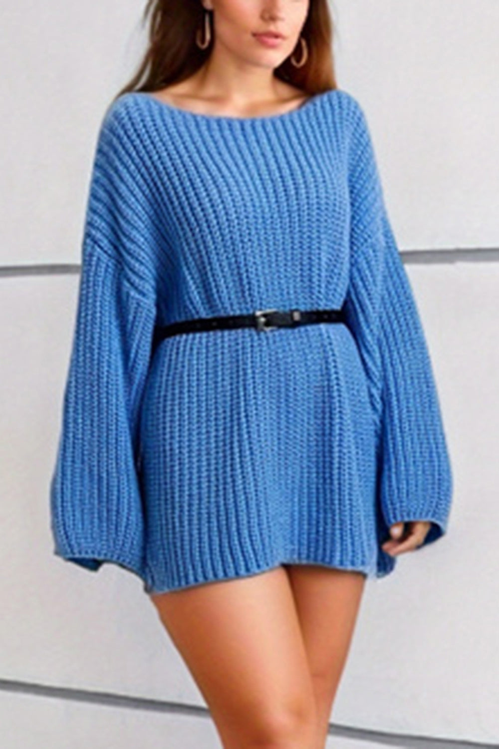 Baggy Sweater Women's Fashion Boat Neck Dropped Shoulder Mini Sweater Dress