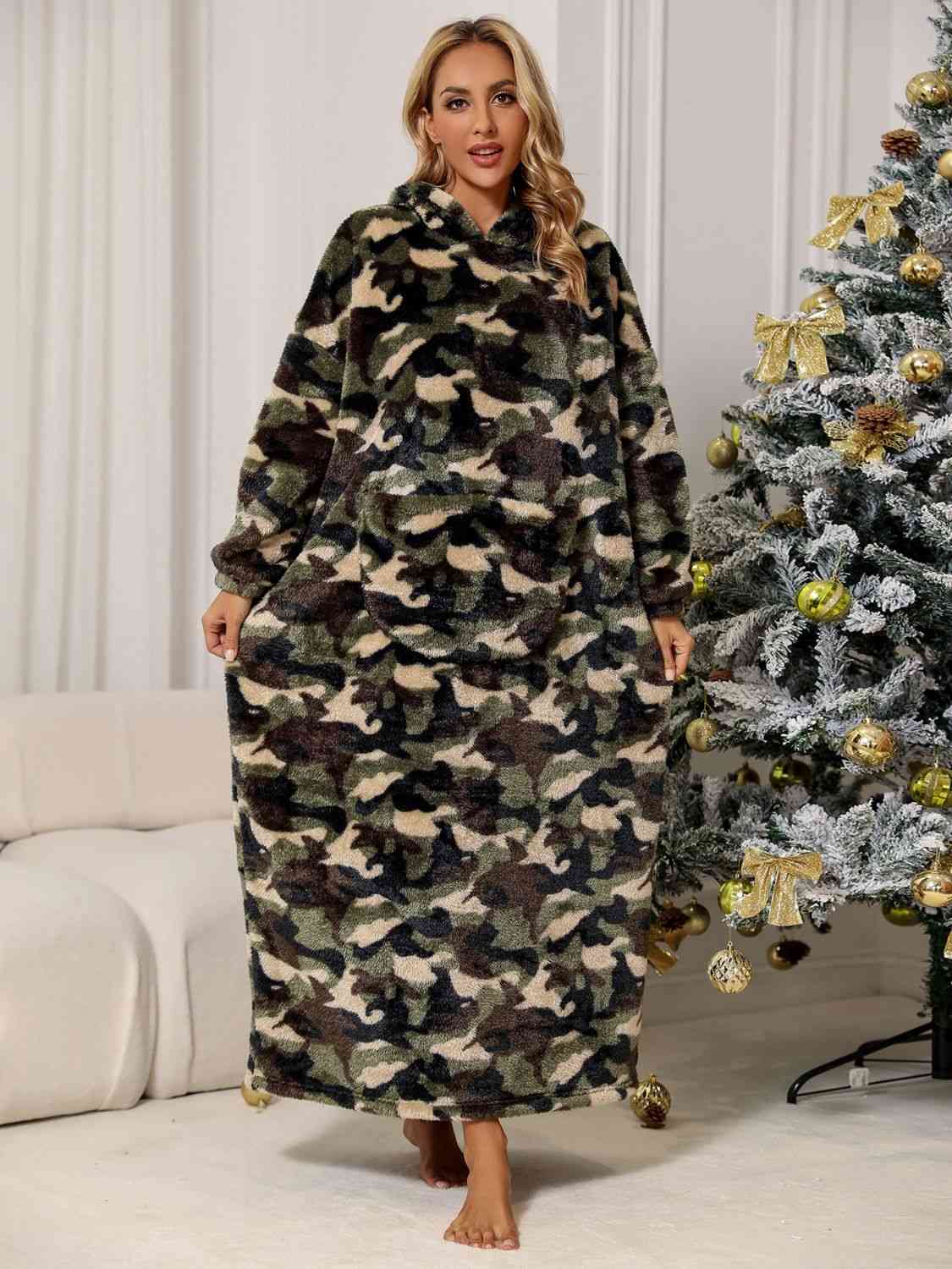 Fuzzy Blanket Pajama Dress Camouflage Hooded Teddy Night Dress Loungewear