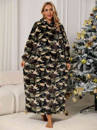 Fuzzy Blanket Pajama Dress Camouflage Hooded Teddy Night Dress Loungewear