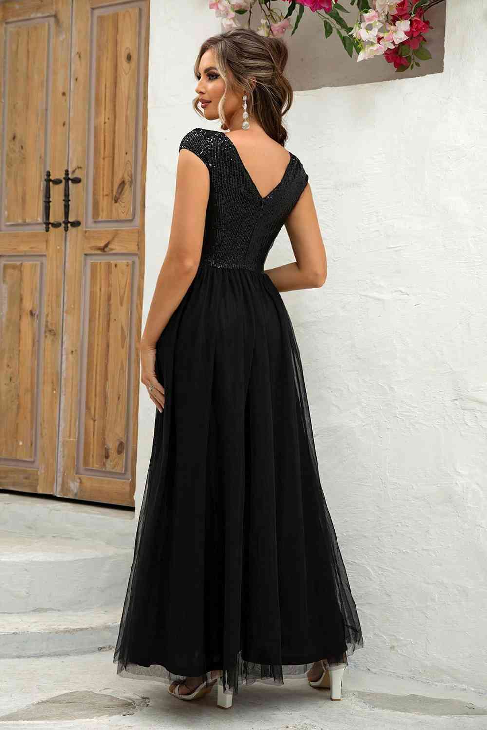 Sequin V-Neck Mesh Puffy Elegant Maxi Formal Party Dress