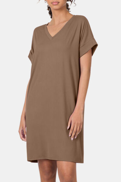 KESLEY Rolled Short Sleeve Casual V-Neck T Shirt Dress