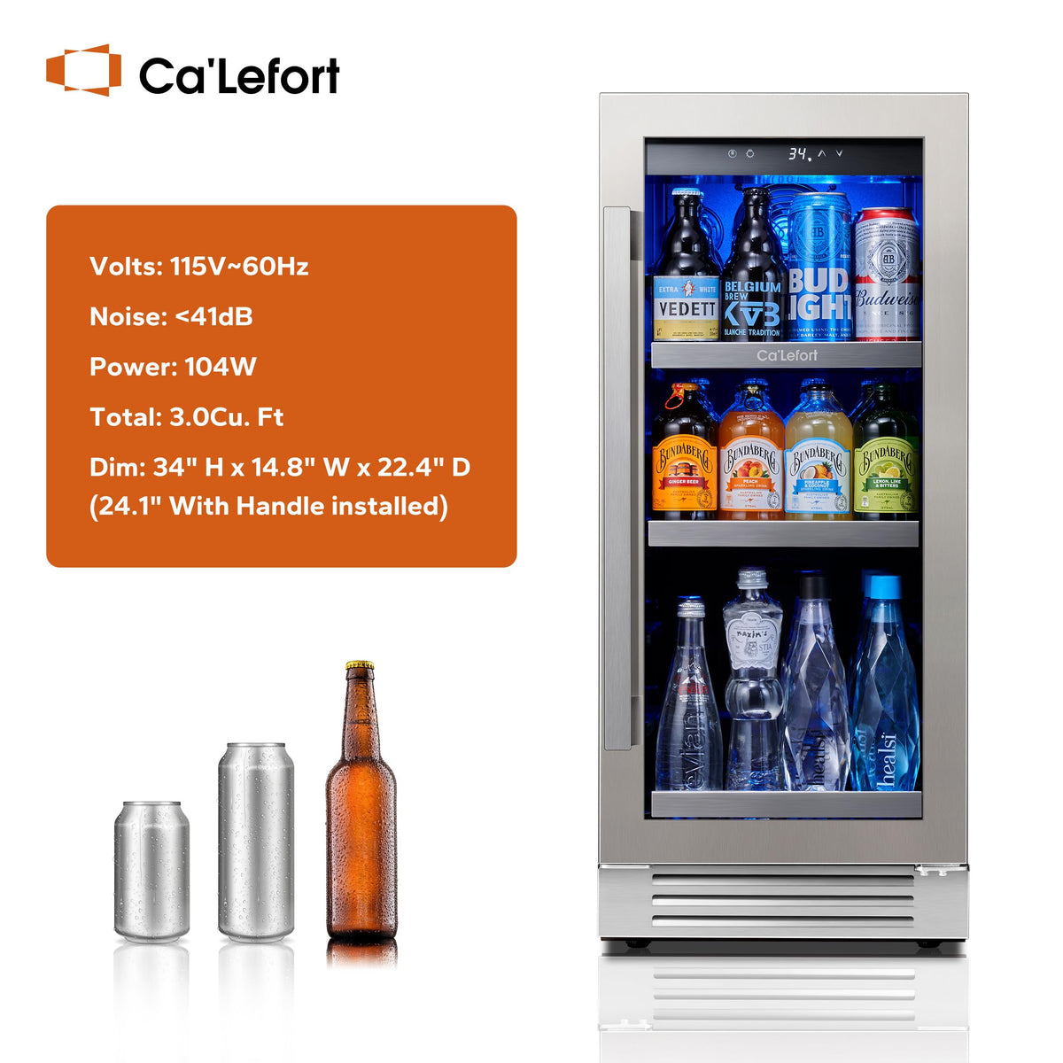 Ca'Lefort 15'' Beverage Refrigerator - 100 Cans Soda Beer Capacity Single Zone with Modern Touch Intelligent Digital 34°-54°F, Built in or Freestanding Wine Cooler for Home and Kitchen