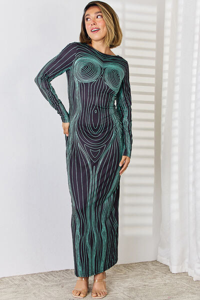 Anatomy Design Cutout Round Neck Long Sleeve Backless Maxi Dress