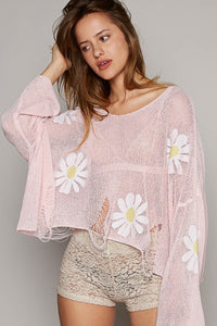 KESLEY Long Sleeve Slouchy Sheer Shirt Pink Sunflower Print Distressed Flower Patches Knit Top