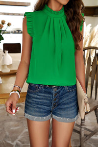 Frill Ruched Mock Neck Sleeveless Womens Blouse Shirt Top Womens Fashion