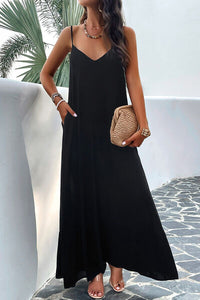 Backless Maxi Cami Dress with Pockets Holiday vacation Flowy Comfortable Loose Fit Dress