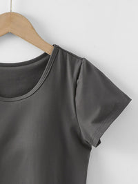 Round Neck Short Sleeve T-Shirt Built in Bra Women's Basic Activewear Top Casual Shirt Cotton Luxury Tee KESLEY