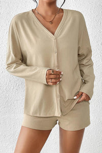 Ribbed Button-Up Top and Shorts Lounge Pajamas Set