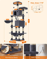 Feandrea Cat Tree, 81.1-Inch Large Cat Tower with 13 Scratching Posts, 2 Perches, 2 Caves, Basket, Hammock, Pompoms, Multi-Level Plush Cat Condo for Indoor Cats, Smoky Gray UPCT190G01