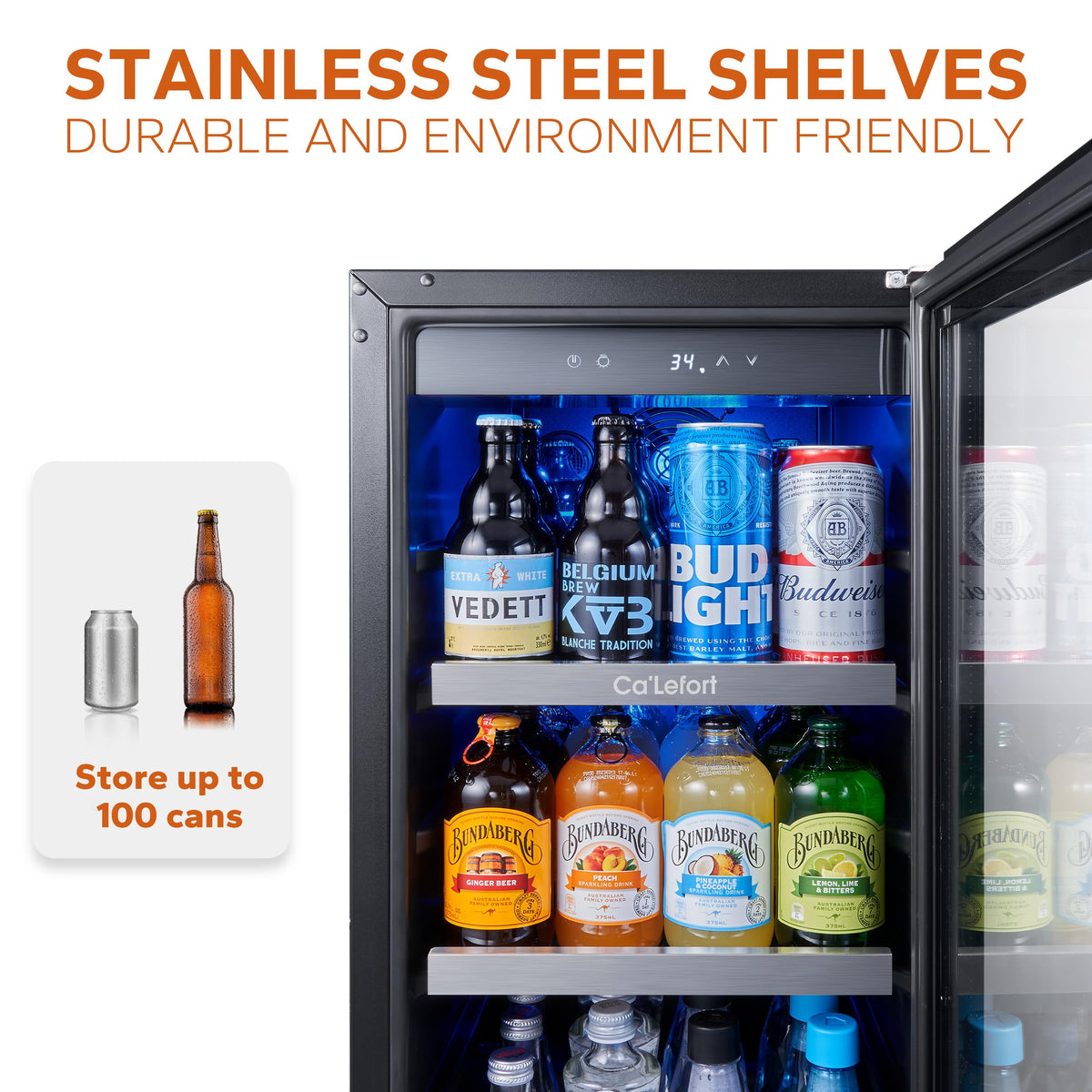 Ca'Lefort 15'' Beverage Refrigerator - 100 Cans Soda Beer Capacity Single Zone with Modern Touch Intelligent Digital 34°-54°F, Built in or Freestanding Wine Cooler for Home and Kitchen