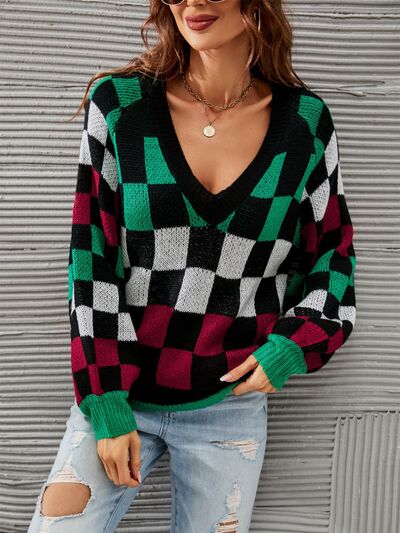 Checkered Sweater  V-Neck Lantern Sleeve Womens Fashion