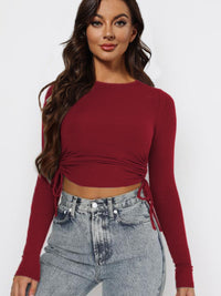 Long Sleeve Crop Top Women's Fashion Sexy Drawstring Solid Color Round Neck Long Sleeve T Shirt, KESLEY