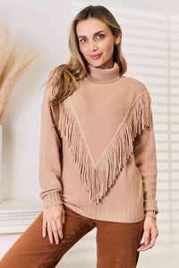 Fringe Front Fashion Long Sleeve Sweater Woven Right Turtleneck