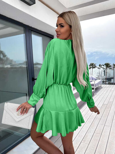 Satin Surplice Ruffle Hem Lantern Sleeve Mini Dress Women's Fashion Long Sleeve Short Dress